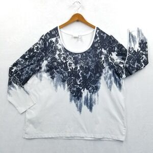 Ulla Popken Top Women 20/22 White Blue 100% Cotton Embellished Long Sleeve Shirt